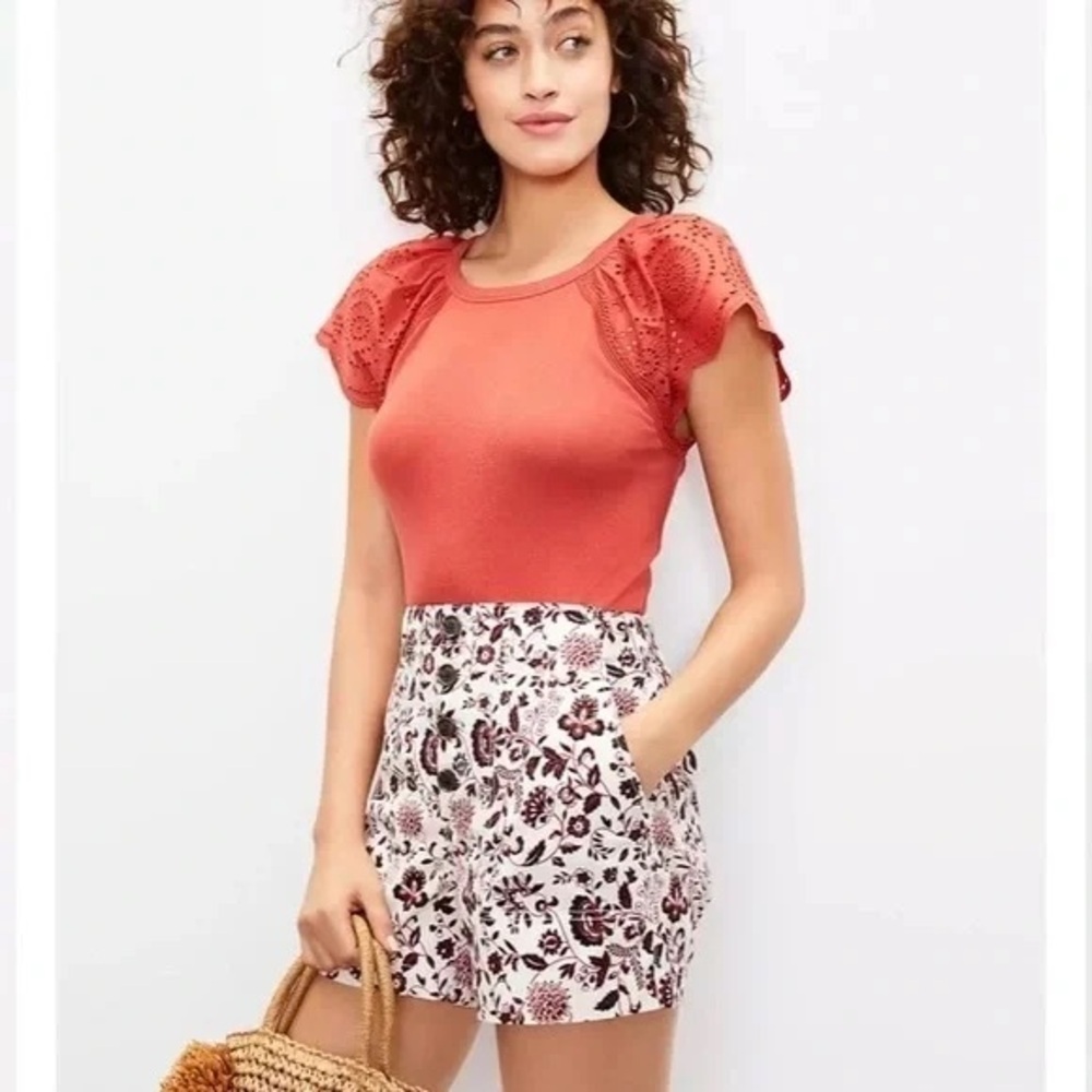 Loft | Button Front Structured Shorts White Floral Various Sizes